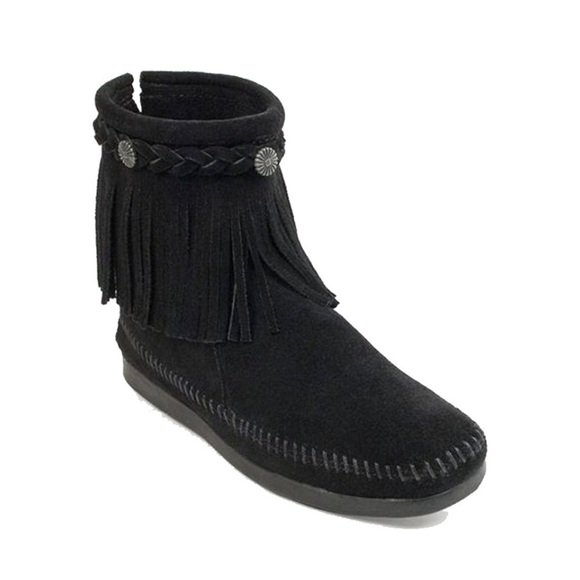 Minnetonka 299 HIGH TOP BACK-ZIP‎ Black Fringe Moccasin Boots Women’s 8 suede - Picture 1 of 8